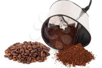 Electric coffee grinder with ground coffee