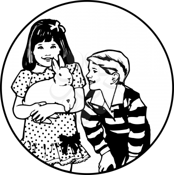 Royalty Free Clipart Image of a Boy and a Girl With a Rabbit