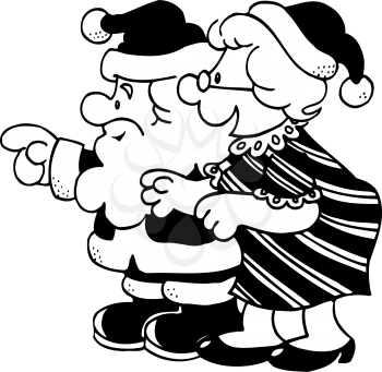 Royalty Free Clipart Image of Santa and Mrs. Claus Looking at Something