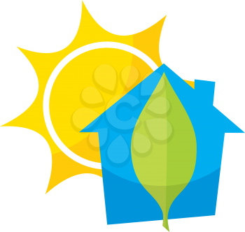 Royalty Free Clipart Image of a House, Sun and Leaf