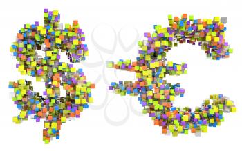 Royalty Free Clipart Image of Cubed Dollar and Euro Signs