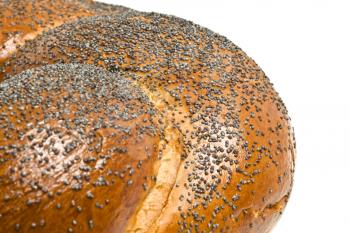 Close-up of bagel with poppy seeds isolated over white (shallow DOF)