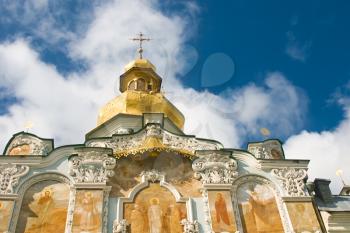 Kiev-Pecherskaya Laura. Beautiful Orthodox church and blue sky with clouds