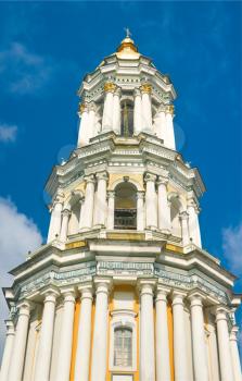 Kiev-Pecherskaya Laura. Bell tower and blue cloudy sky