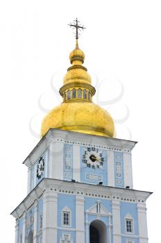 Orthodox church bell tower with clock over white