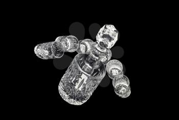 Crystal decanter with jiggers for alcoholic beverage over black background