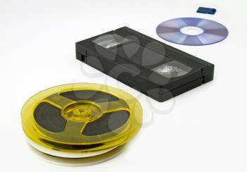 Evolution of data storage: bobbin, video cassette, optical disk, memory card