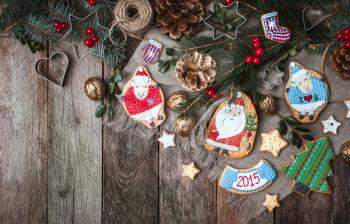 Christmas decoration and cookies in rustic style. Free space for text. New Year 2015
