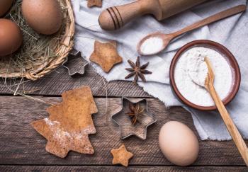 Ingredients for Christmas pastry and holiday cookies   in rustic style