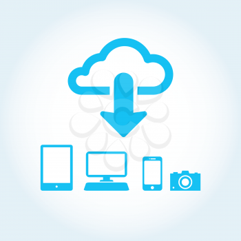 Royalty Free Clipart Image of a Cloud With an Arrow Pointing to Computers, a Cellphone and Camera