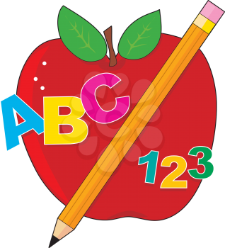 Royalty Free Clipart Image of an Apple With Letters, Numbers and a Pencil