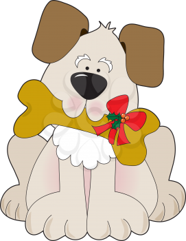 Royalty Free Clipart Image of a Dog Holding a Bone With a Christmas Bow