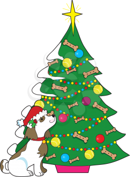 Royalty Free Clipart Image of a Dog at a Christmas Tree Decorated With Bones and Balls