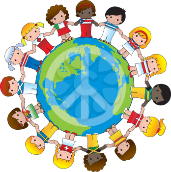 Royalty Free Clipart Image of a Globe With a Peace Sign and Children Wearing Their Country's Flag Holding Hands Around It