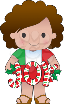 Royalty Free Clipart Image of a Little Girl Holding Joy in Candy Cane Stripes
