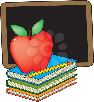 Royalty Free Clipart Image of an Apple, Books and a Chalkboard