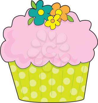 A cupcake with a fluted, lime green, polka dot cake cup, is decorated with pink icing and flowers.