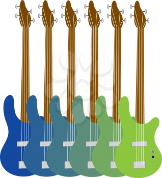 A colorful display of bass guitars, with variegated shades running from blue to green.