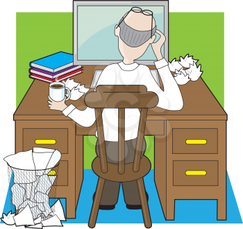 An office worker, or writer working at a wooden desk, seems to be frustrated by his progress.