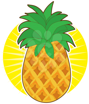 A glorious pineapple with a green top, sits on a sunburst background.