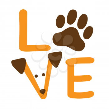 A graphic of the word love showing a dog paw and a dog’s face