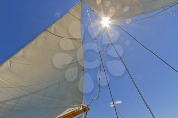 Views of the mast, sails and rigging on the private sail yacht.