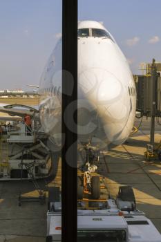 New York City, USA-May 28,2016: Lufthansa Airline plane is being prepared for take-off at the JFK airport terminal.