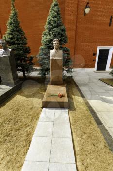 Moscow, Russia- April 19 2015: Views of burials and Mausoleum at The Kremlin Wall Necropolis. It was designated a protected Landmark in 1974.