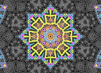 Black background with white graphics and bright colorful concentric pattern 