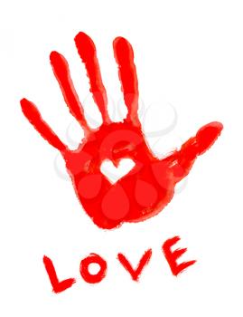 drawing handprint with love symbol and ''love'' word 