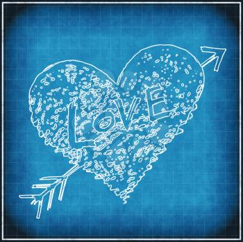 Blue grunge background with white abstract love symbol