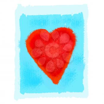 Abstract bright red heart on blue watercolor background