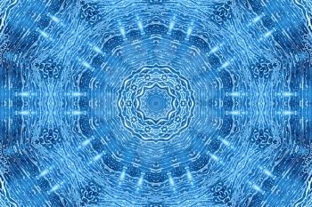 Blue background with concentric abstract pattern of soap foam on glass