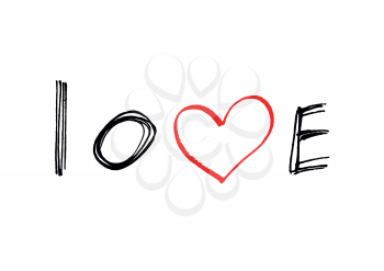Word ''Love'' with abstract red heart on white background