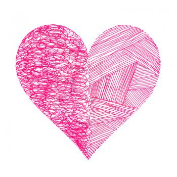 Bright pink heart with abstract pattern on white background, hand draw