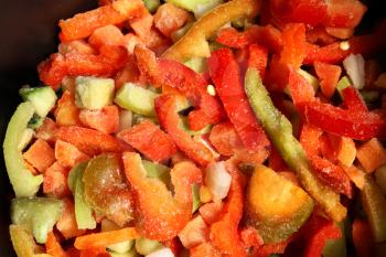 Assortment of mixed frozen vegetables, bright closeup background