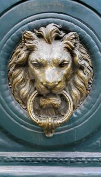 Doorknocker with head of Lion on a green wooden door, Paris, France