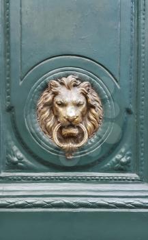 Doorknocker with head of lion on a green wooden door, Paris, France