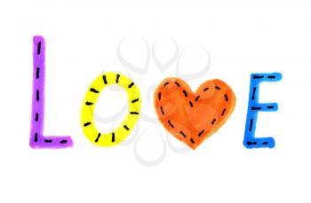 Word LOVE from colorful letters and heart symbol on white background