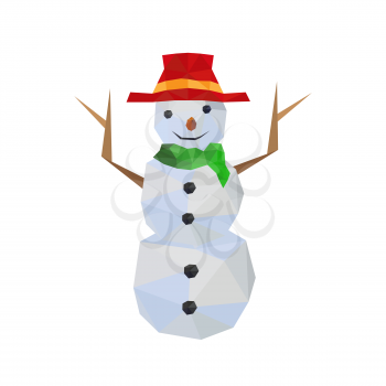 Illustration of funny origami snowman with red hat, isolated on white background