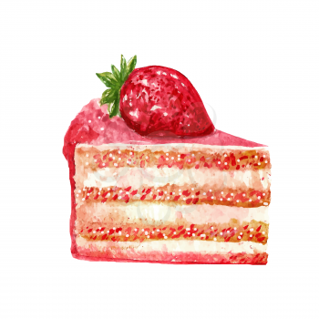 Hand drawn slice of cake, watercolor style isolated on white background