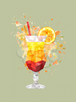 Illustration of abstract polygonal cocktail glass with watercolor drops