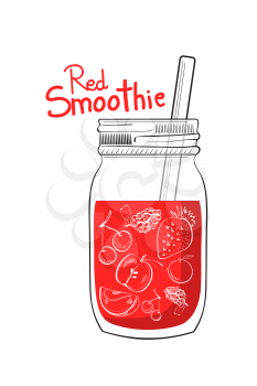 Illustration of hand drawn red smoothie jar isolated on white background