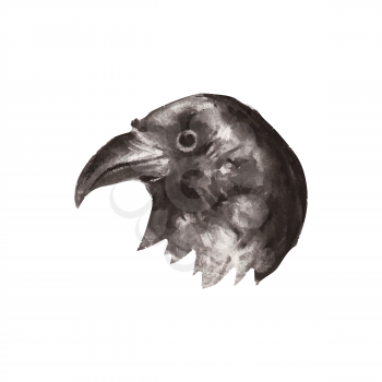 Illustration of hand drawn raven portrait tattoo isolated on white background