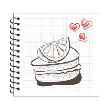 Illustration of doodle orange cake slice on notebook paper