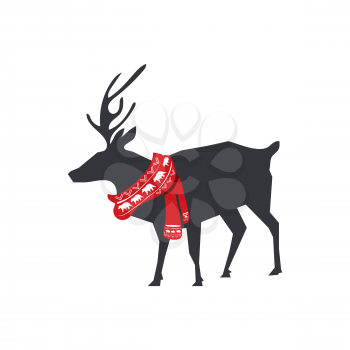 Illustration of flat deer silhouette with red winter scarf isolated on white background