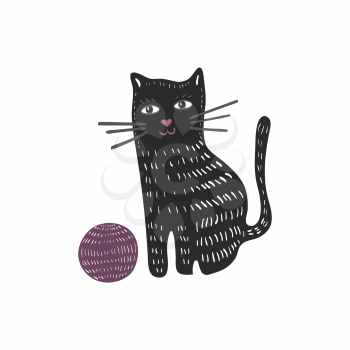 Illustration with doodle cat and yarn ball isolated on white background