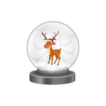 Illustration of modern snow globe with reindeer isolated on white background