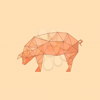 Illustration of flat origami pig isolated on polychrome background