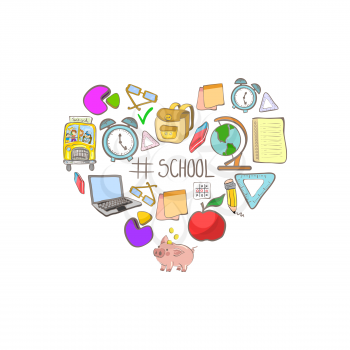 Illustration with heart shaped school supplies icons and hashtag school isolated on white background